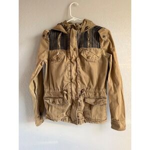 CoffeeShop Womens Greenish Khaki Utility Jacket Hooded Tribal Pattern  Coat S